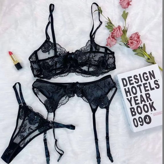 Women's Lace, Polyester Lingerie Set, Black (3-Piece)
