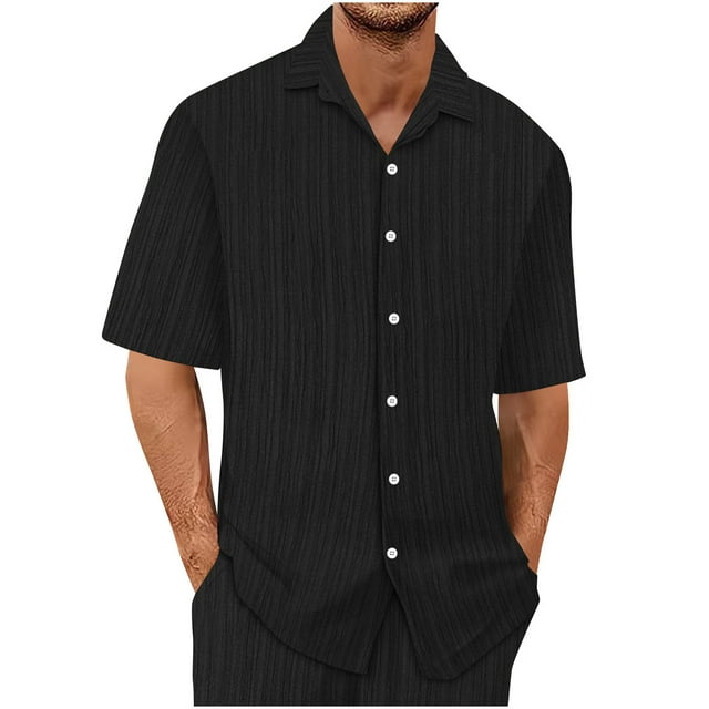Blusa y camisa de manga corta con cuello vuelto para hombre, conjunto informal de verano a la moda de color liso con manga corta, solapa, cordón y cintura elástica