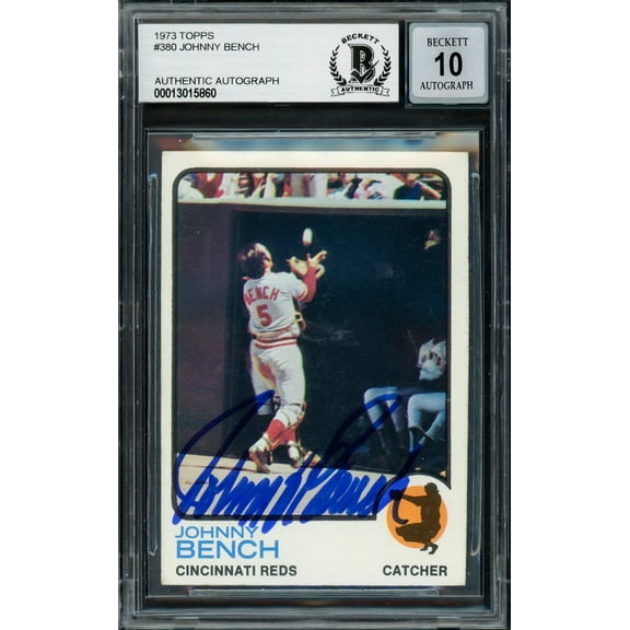 Johnny Bench Autographed 1973 Topps Card #380 Cincinnati Reds Auto Grade Gem Mint 10 Beckett BAS #13015860