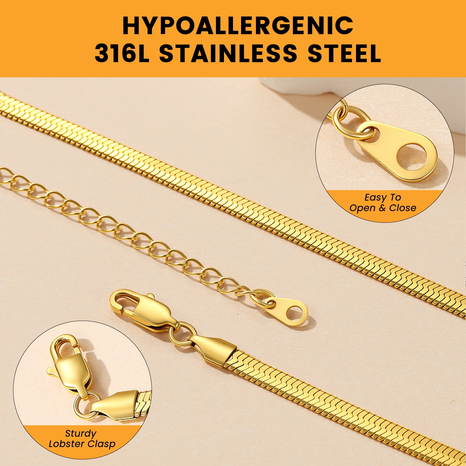 Bestyle 14K Gold Plated Choker Necklace for Women, 5mm Flat Herringbone Snake Chain Necklace Jewelry for Everyday Wear Birthday Mother's Day