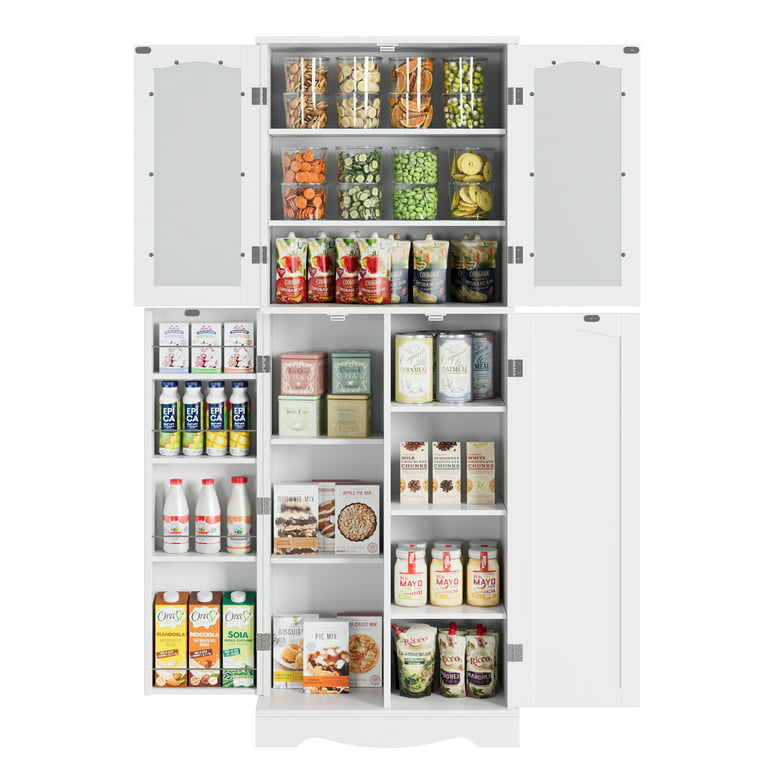 White Food Storage Kitchen Pantry with Glass Doors