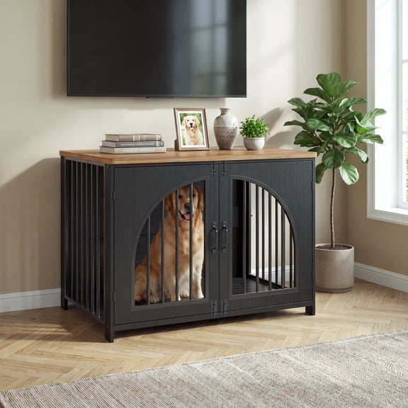 Furniture Style Dog Crate – Heavy Duty Wooden Dog Kennel with Wooden Top, Double Doors & Safety Locks, Indoor Pet Cage End Table for Small Medium Dogs, Black