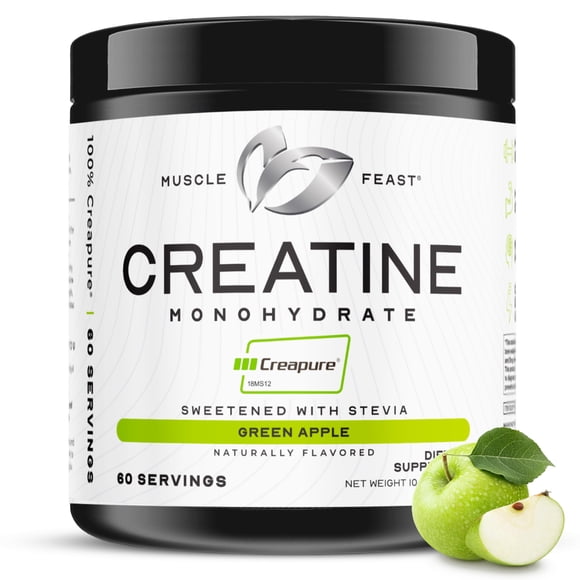 Creatina monohidrato en polvo Muscle Feast Creapure, vegana, cetogénica, sin gluten, fácil de mezclar, suplemento de recuperación muscular, creatina para el crecimiento muscular, sabor a manzana verde