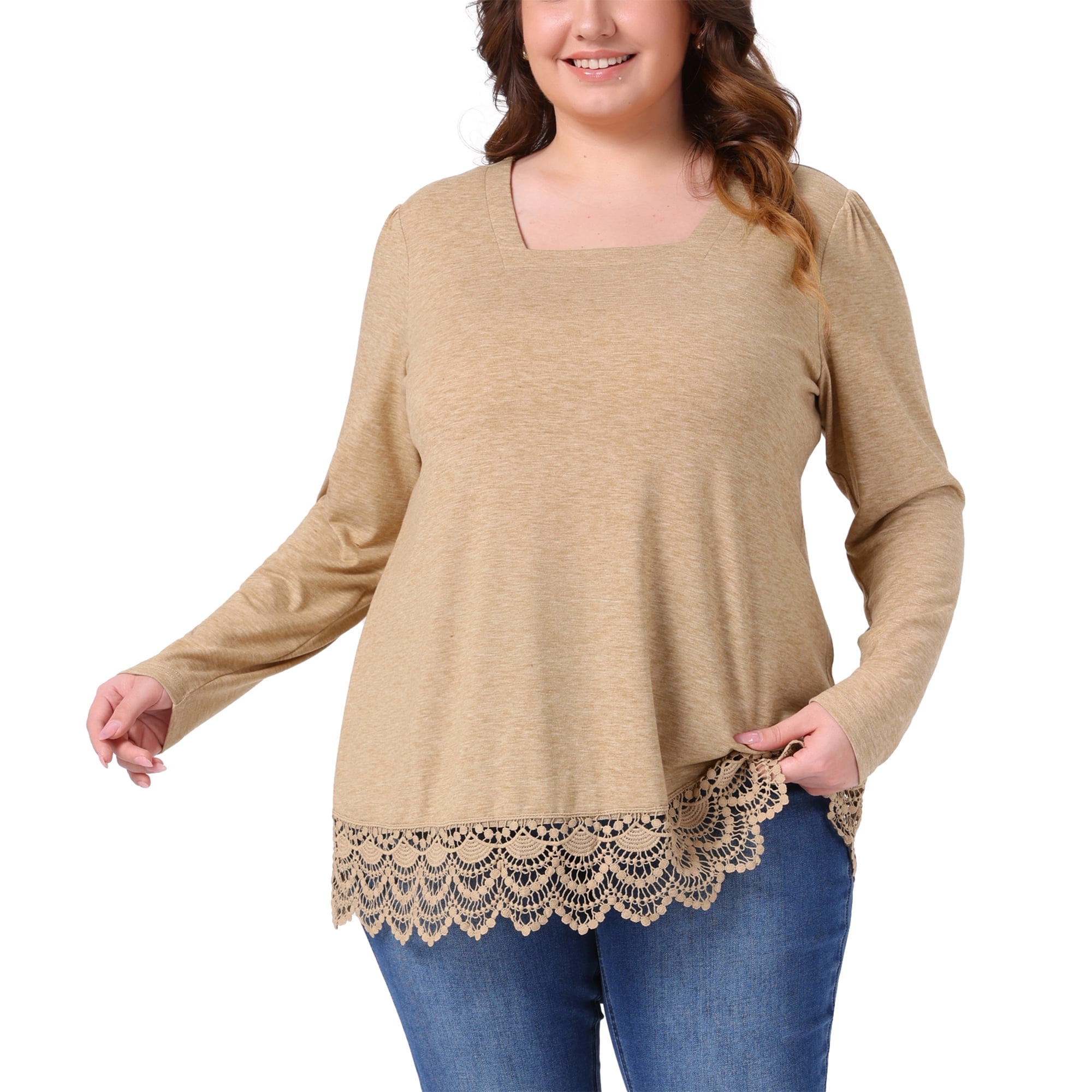 DARING DIVA  Women's Plus Square Neck Lace Hem Blouse 1X Khaki