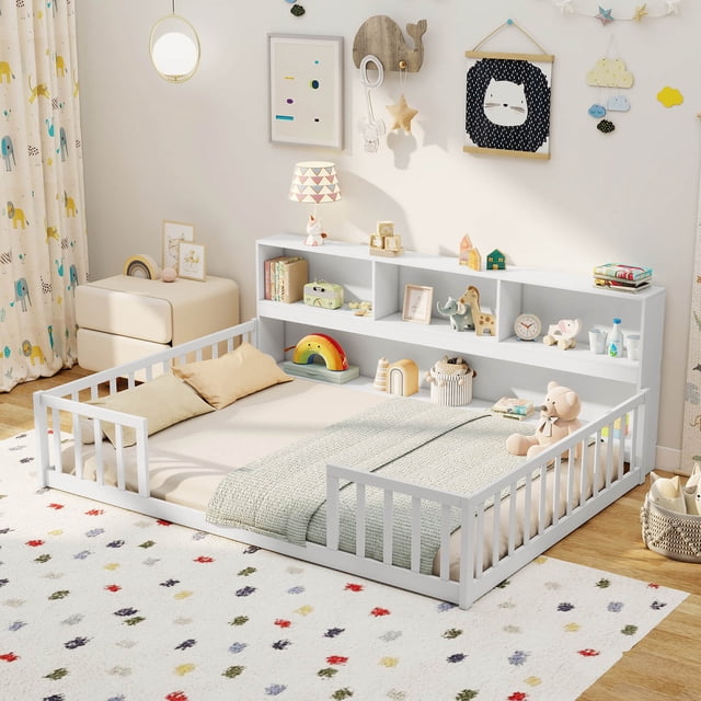 Costway Full Size Montessori Floor Bed with Bookcase Storage Shelves & Safety Fence Rails White