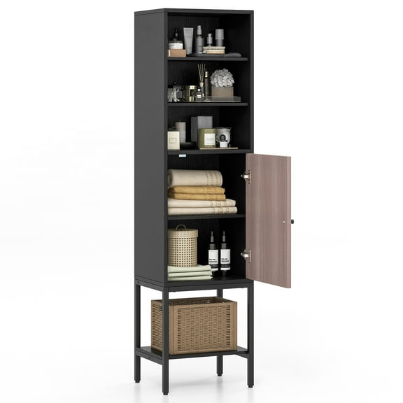 Giantex 4.8FT Tall Bathroom Storage Cabinet, Freestanding Cupboard w/Door, Adjustable Shelves, Black