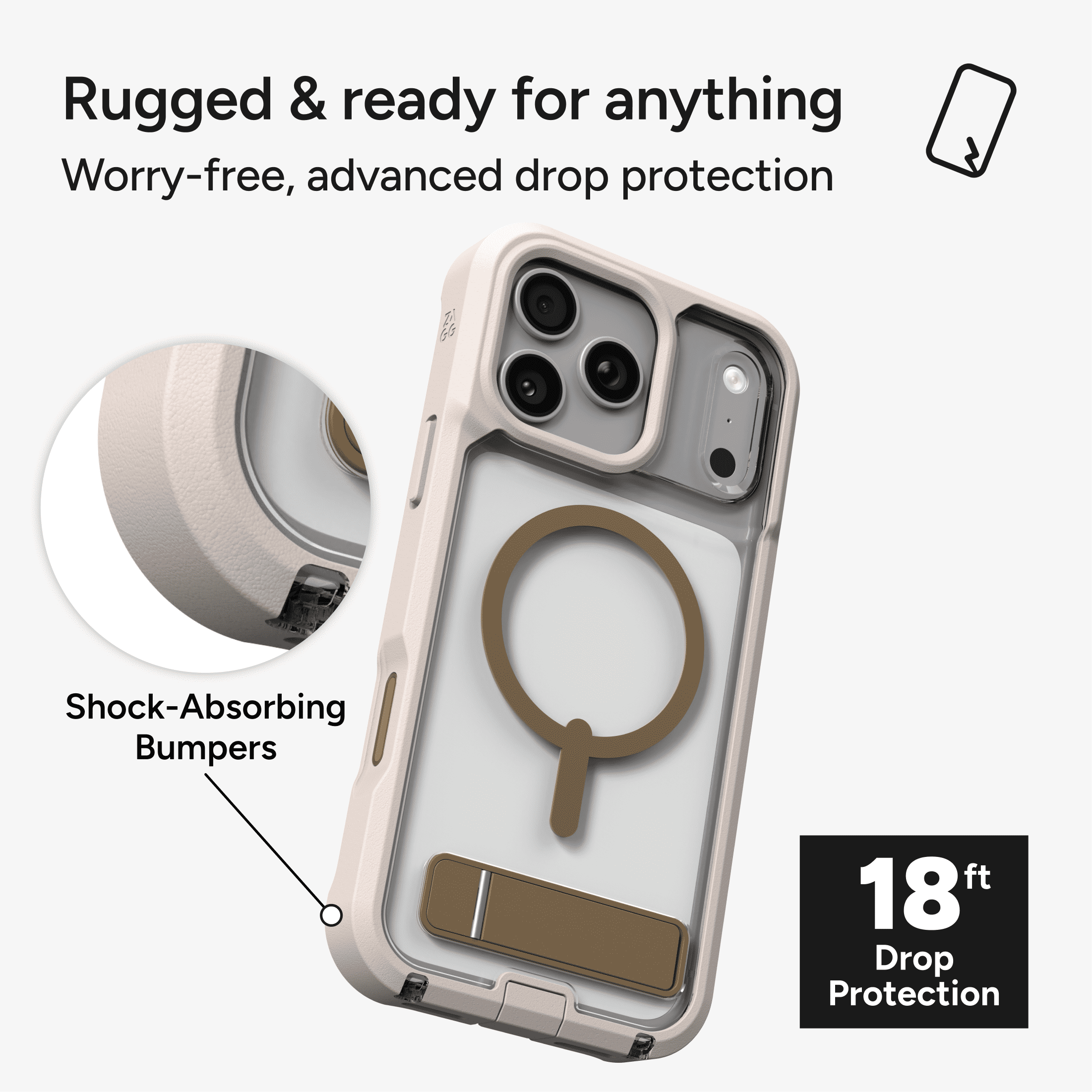 ZAGG Rugged Case - Apple iPhone 18 Pro Max & 17 Pro Max Case with MagSafe and Built-In Kickstand – Clear/Sandstone