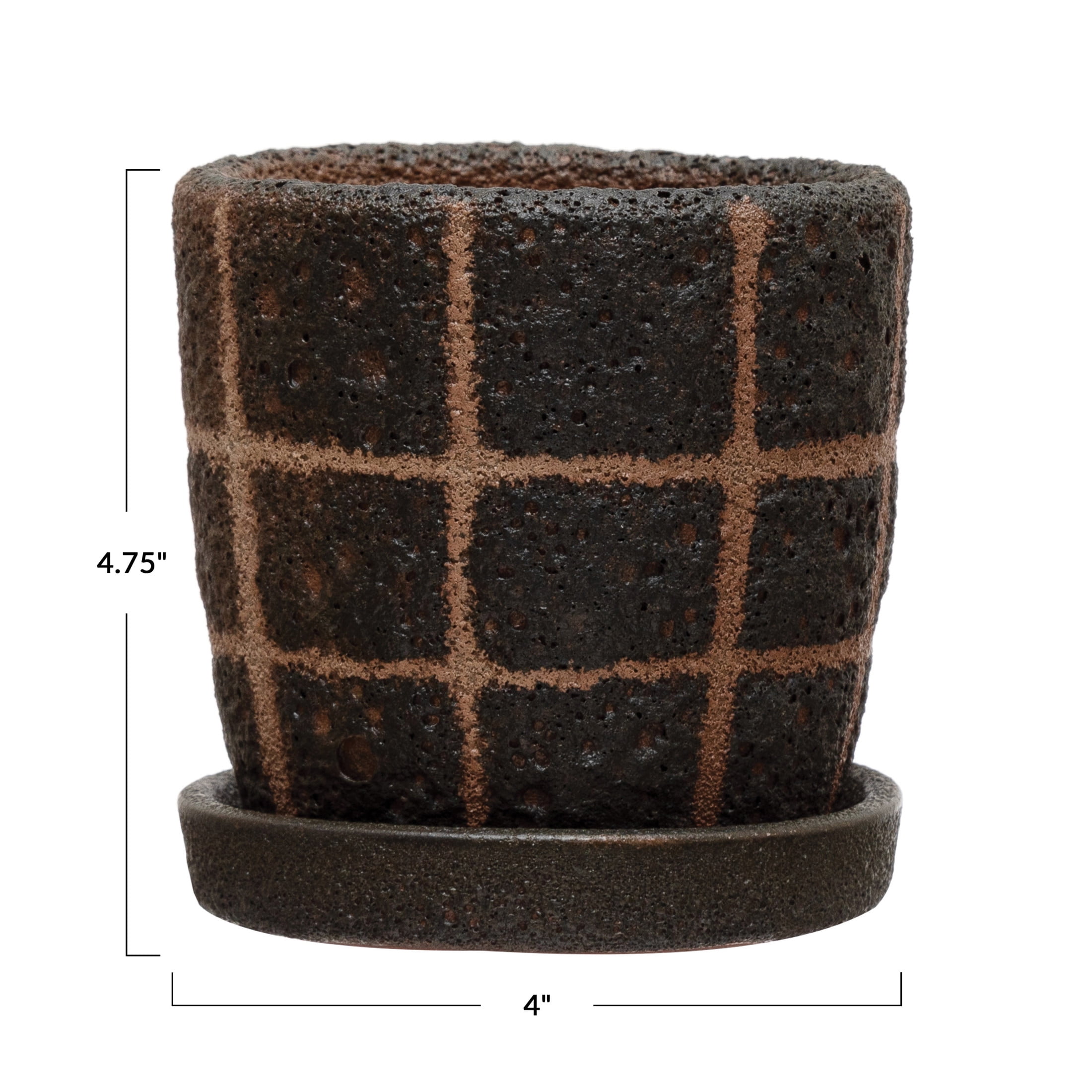 Bloomingville Terra-cotta Planter with Saucer & Grid Pattern, Black (Holds 3" Pot)