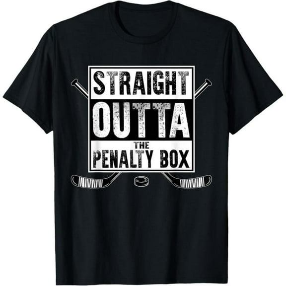 Hockey - Themed Printed Tee,Tops Features "STRAIGHT OUTTA THE PENALTY BOX" Text with Hockey Stick & Puck Illustrations, Round Neck Regular Fit T - shirts, Size(S - 5XL)