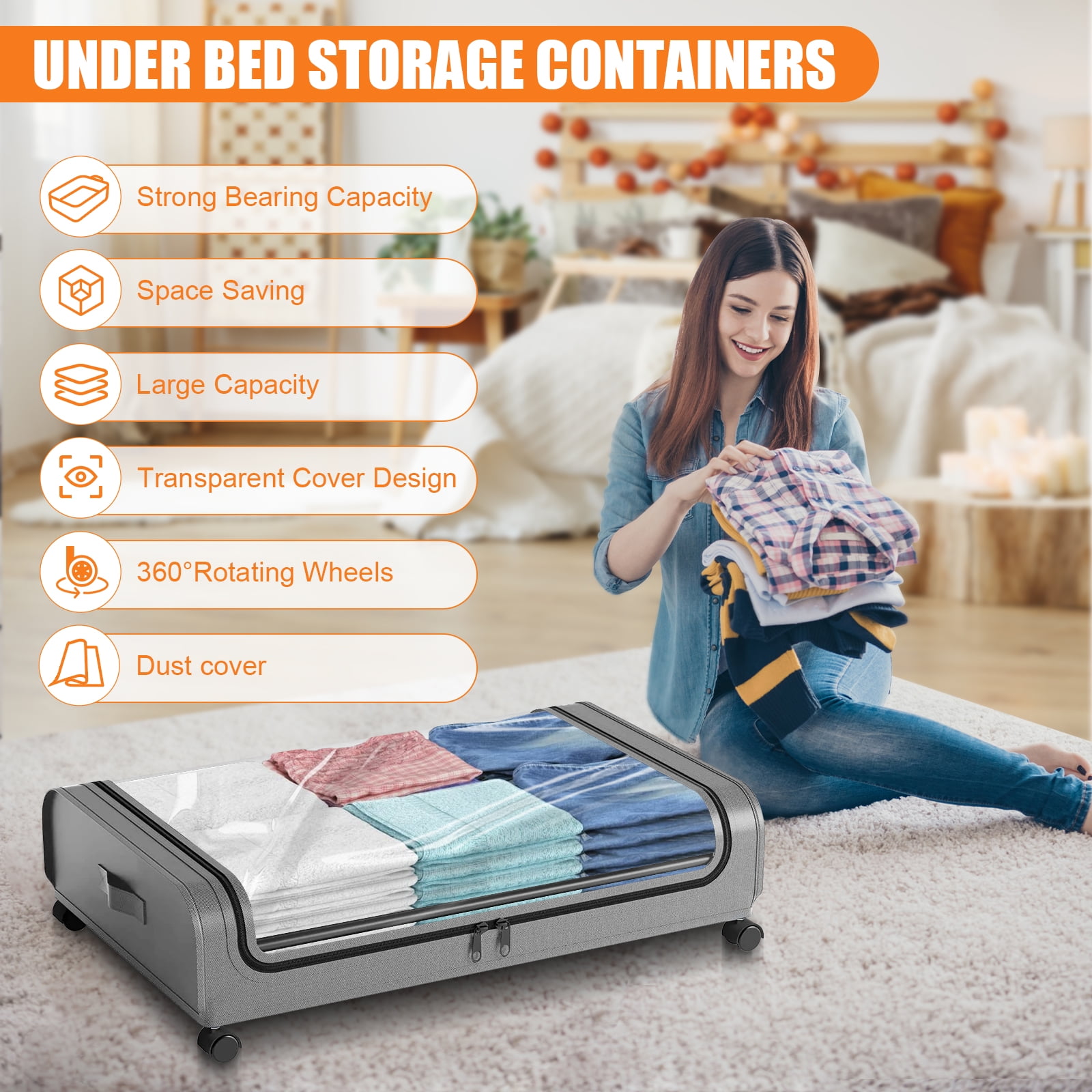 Under Bed Storage Containers ,2PACK Under Bed Storage with Wheels,Large Bedroom Storage Bins with Lids Closet Organizer for Clothes Blankets Shoes Bedding Toys