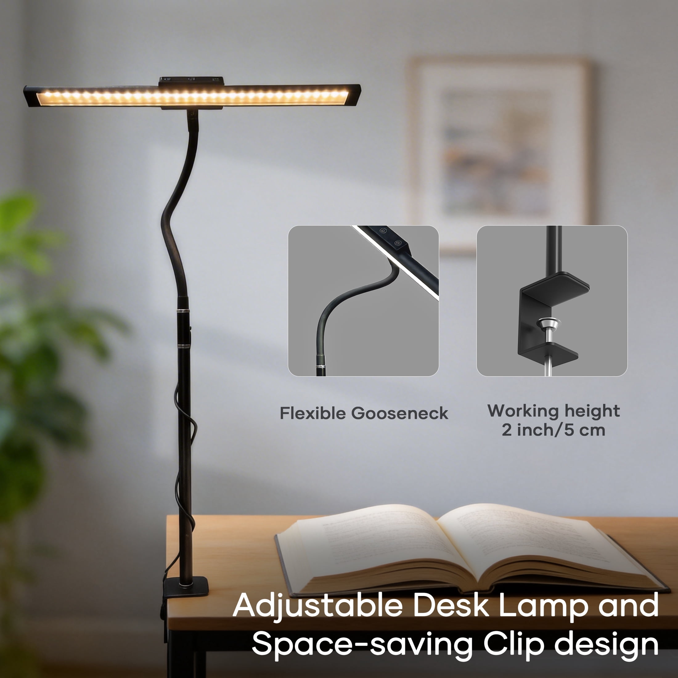ORFELD LED Desk Lamp with Clamp, Stepless Dimming, Flexible Gooseneck for Office & Home, 8W USB Adapter Desk Light for Reading Study Workbench, Black