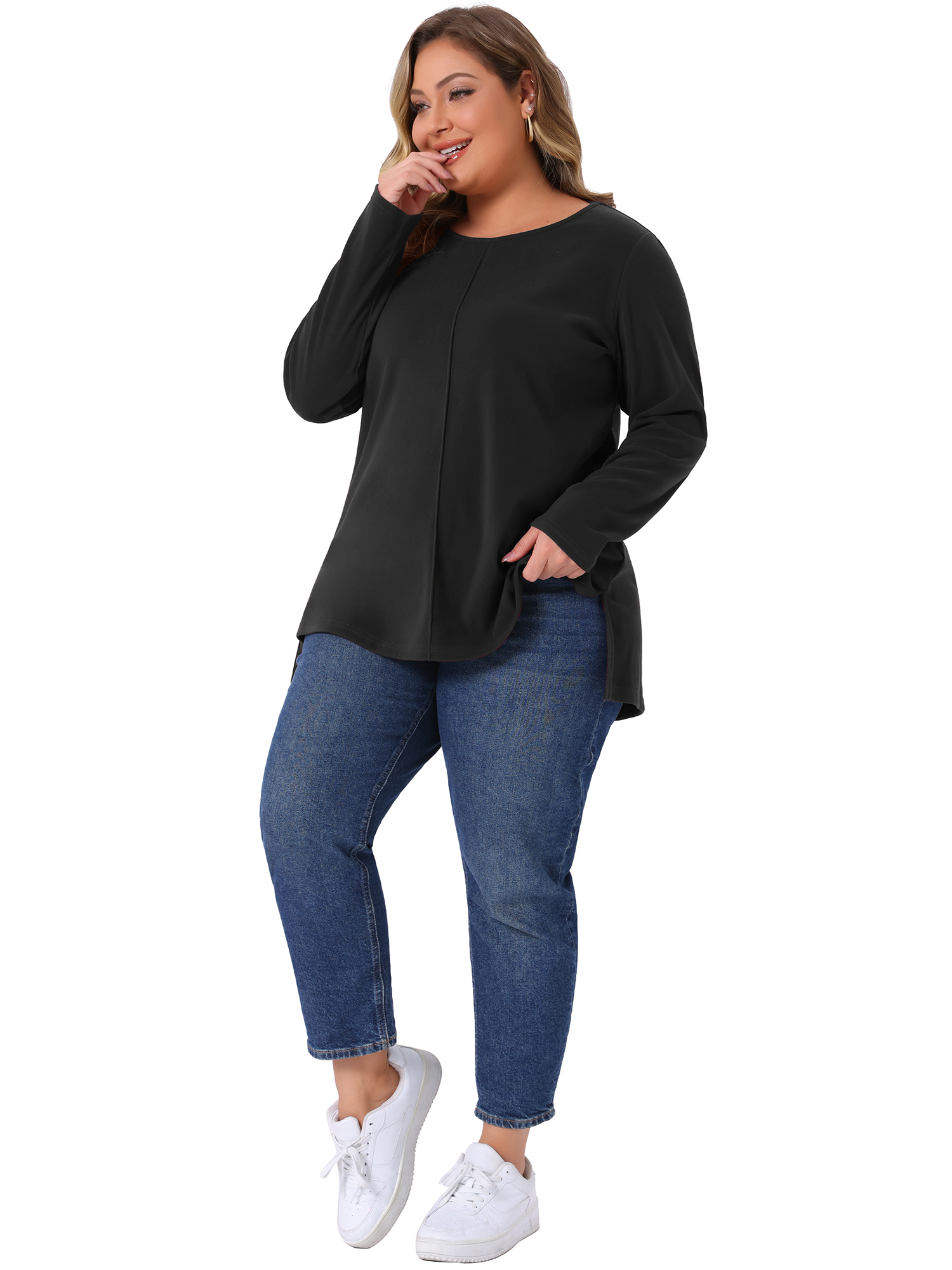 DARING DIVA Women's Plus Crew Neck High Low Hem Blouse 3X Black