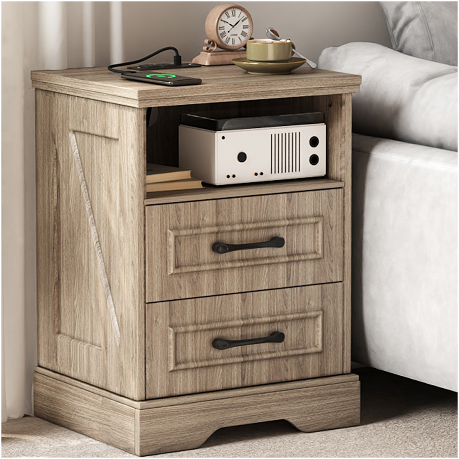 Nightstand with Charging Station, Farmhouse Nightstands with 2 Drawers Storage Side Table Bedside Cabinet for Bedroom Living Room
