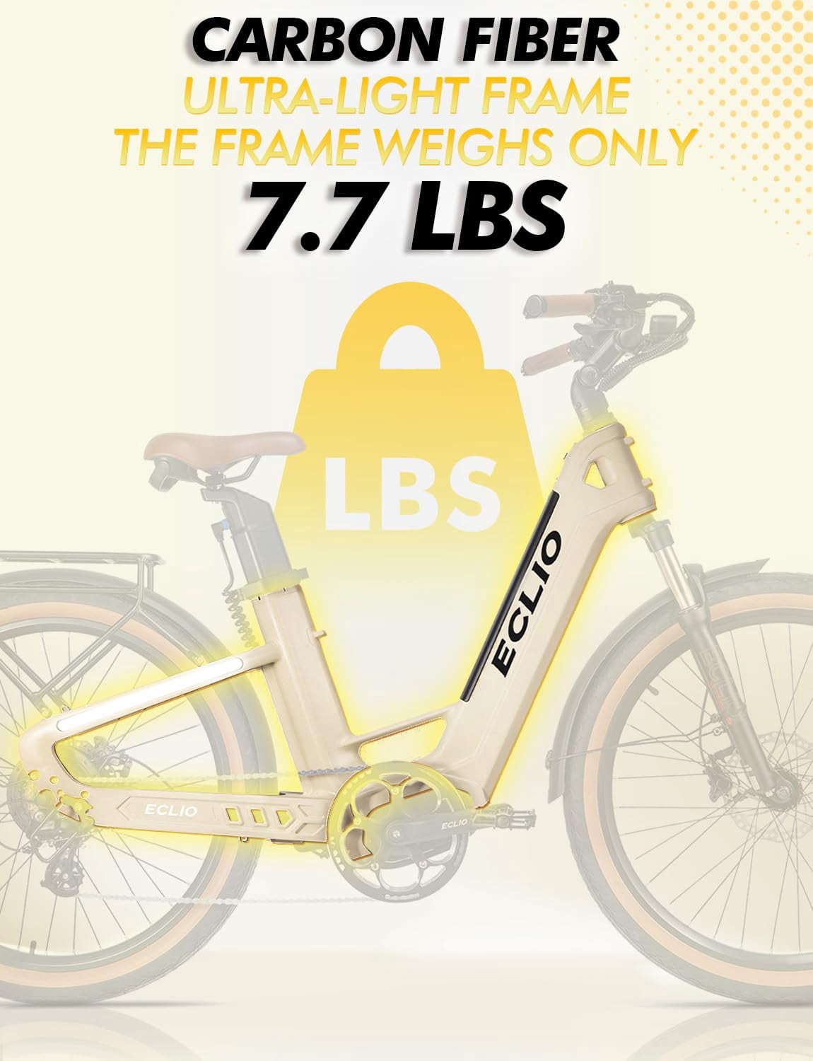 26" Carbon Fiber Electric Bike for Adults, 750W Motor 24MPH Lightweight Commuter E-Bike, 48V Dual Battery 128 Miles Long Range, 13+ Adult Electric Bicycle - Beige