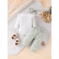 thumbnail image 4 of Elippeo Baby Girl Fall Outfit, Long Sleeve Ribbed Romper 3 6 12 18 24 Months Checkerboard Pants Daisy Headband Belt 4 Piece Set, 4 of 10