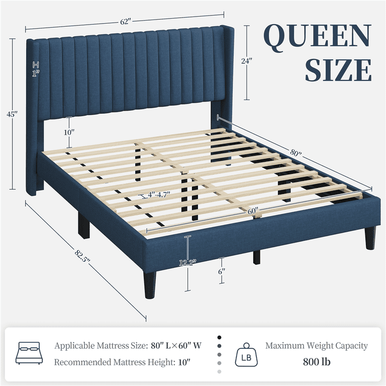 Yaheetech Queen Platform Bed, Navy Upholstered Headboard photo 5