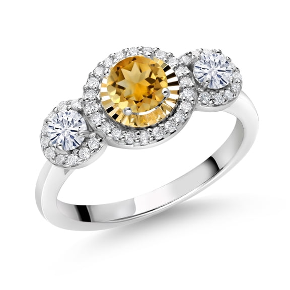 Gem Stone King 925 Silver and 10K Yellow Gold 3 Stone Women's Lab Grown Diamond Ring Round Citrine Moissanite (0.67 Cttw, Size 7)