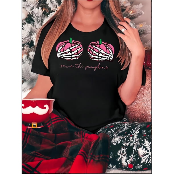 Camiseta De Verano Para Mujer, Cuello Redondo, Para Mochilero, Vacaciones En La CalleWomen's Fun Pink Pumpkin Skull Graphic Tee - Casual Crew Neck Short Sleeve T-Shirt, Stretchy & Machine Washable,