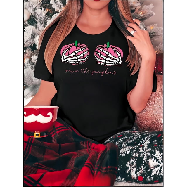 T-Shirt Graphique Citrouille Crâne Rose Amusant pour Femmes - Col Rond Manches Courtes, Extensible et Lavable en Machine, Parfait pour la Fête des Pères, Fête des Mères, Nouvel An, Festival de Printemps, Saint-Valentin