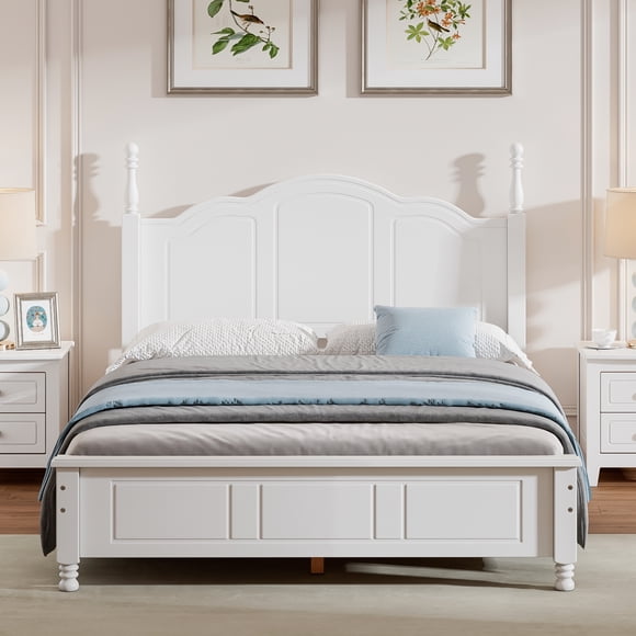 Noble house Full Size Wood Platform Bed Frame,Retro Style Platform Bed,White