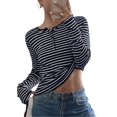 thumbnail image 3 of Women's Henley Neck Striped Long Sleeve Slim Fit Knit Top Navy Blue XL, 3 of 9