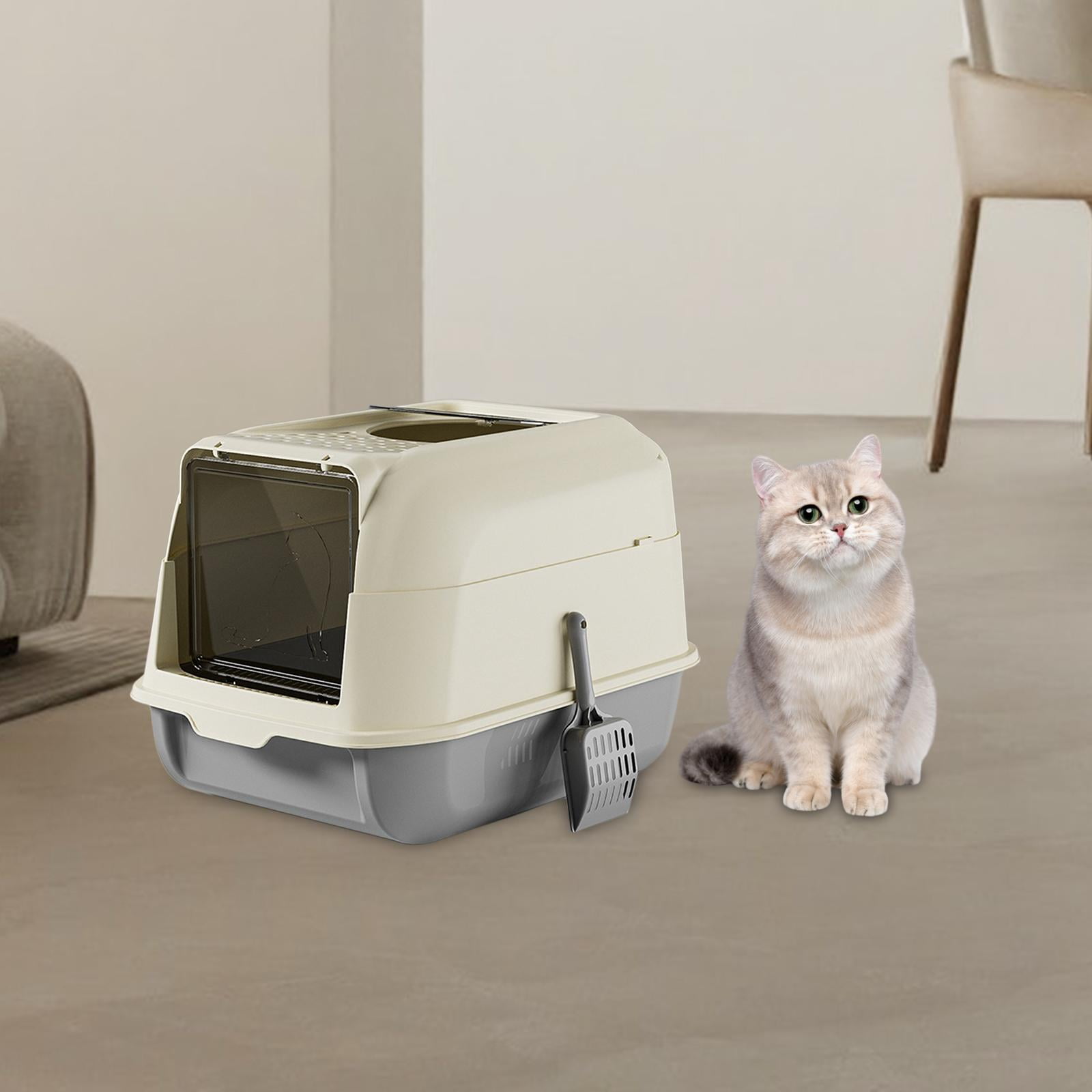 Cat Litter Box with Lid Covered Large with Scooper Fully Enclosed Litter Pan Gray