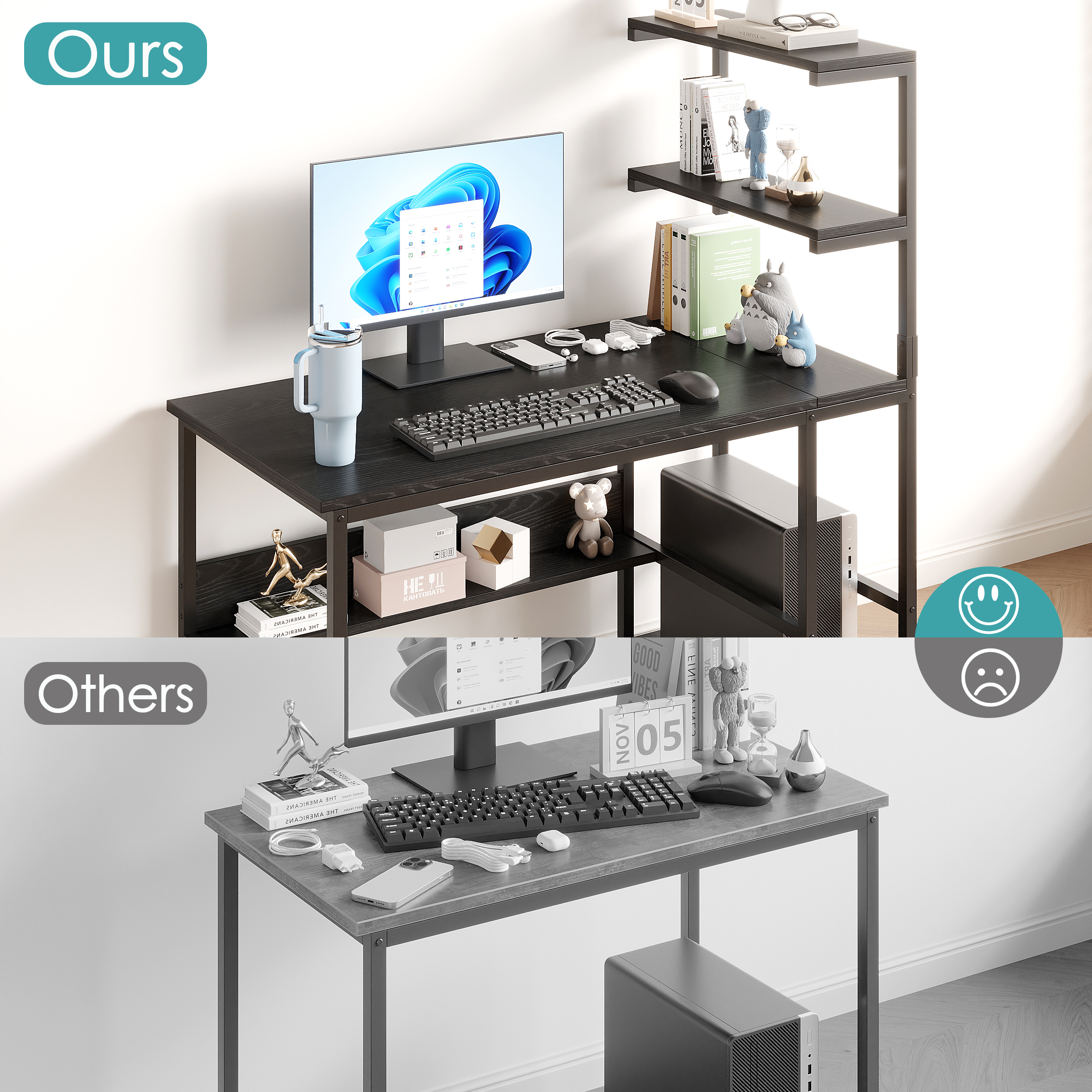 Computer Desk with 4-Tier Storage Shelves, 43.6 inch Modern Large Office Desk Computer Table Studying Writing Desk Workstation with Bookshelf and Tower Shelf for Home Office