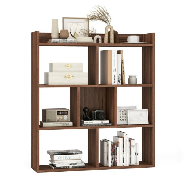 Patiojoy 7 Cubes Open-back Bookshelf Home Storage Display Shelf Horizontal Bookcase Free-standing Unit with Anti-Toppling for Study Living Room Walnut