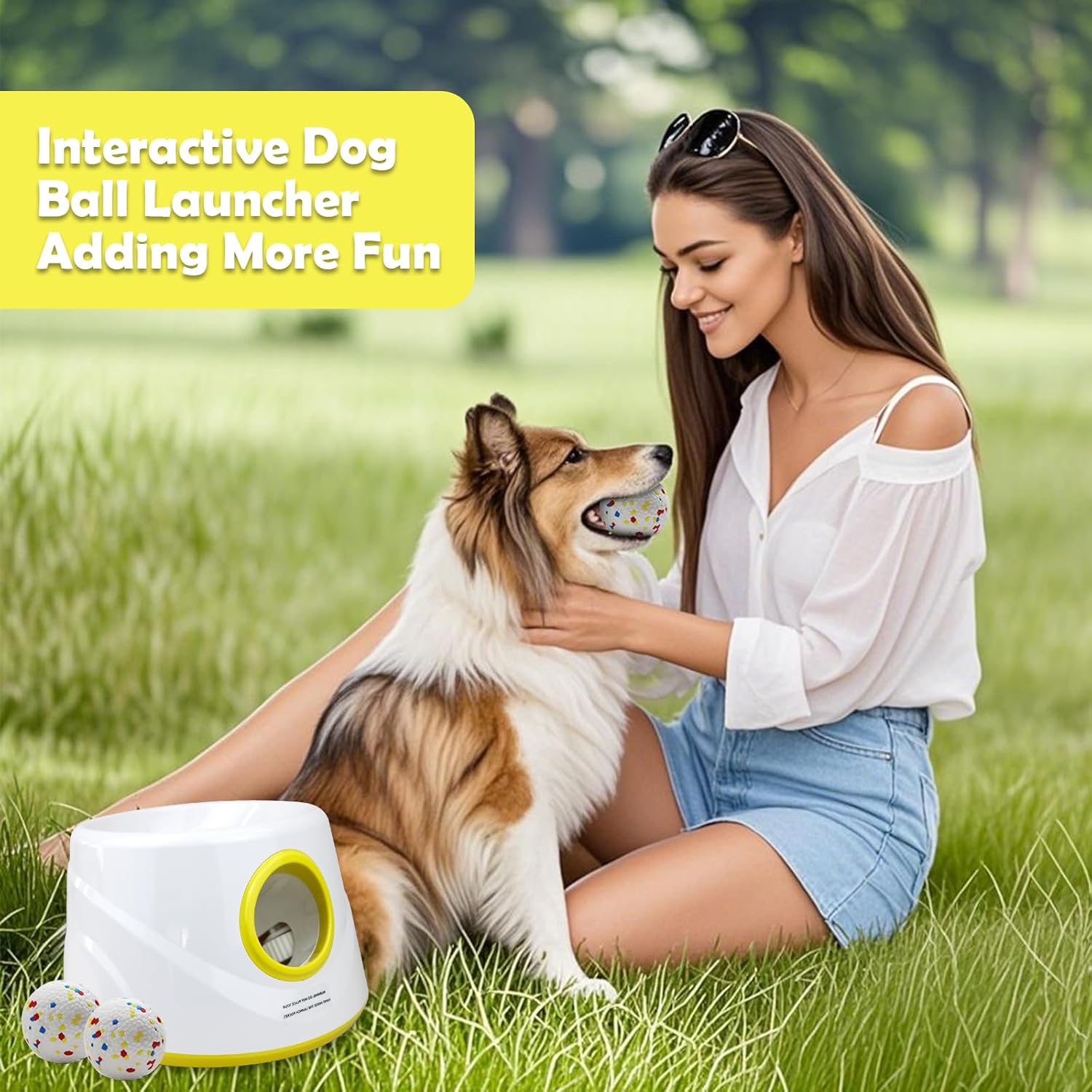 Automatic Dog Ball Launcher, Upgraded Interactive Dogs Balls Thrower for Small and Medium Dogs, Distance Adjustable Mental Stimulating Dog Toys with 3 Durable Etpu Balls 2.2 Inch (Yellow)