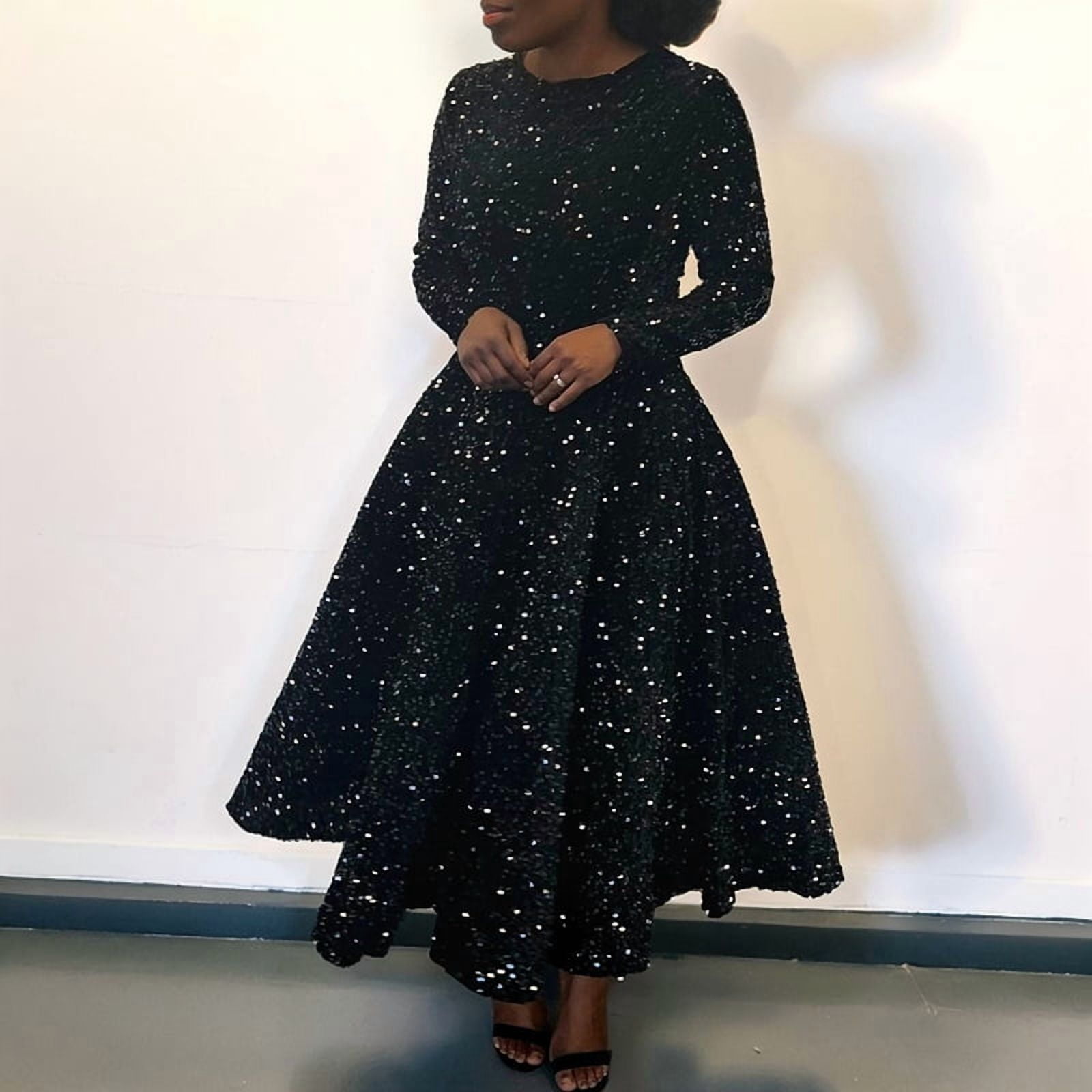 Women'S Sequin Plus Size Long Sleeve A-Line Flared Party Cocktail Sparkle Glitter Evening Shiny Maxi Dress Black XL