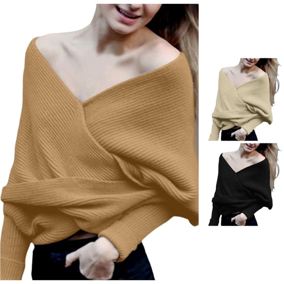 HNMKIU Women Fashion Solid V Line Neck Off The Shoulder Knitted Pullover Sweater Scarf ,Khaki