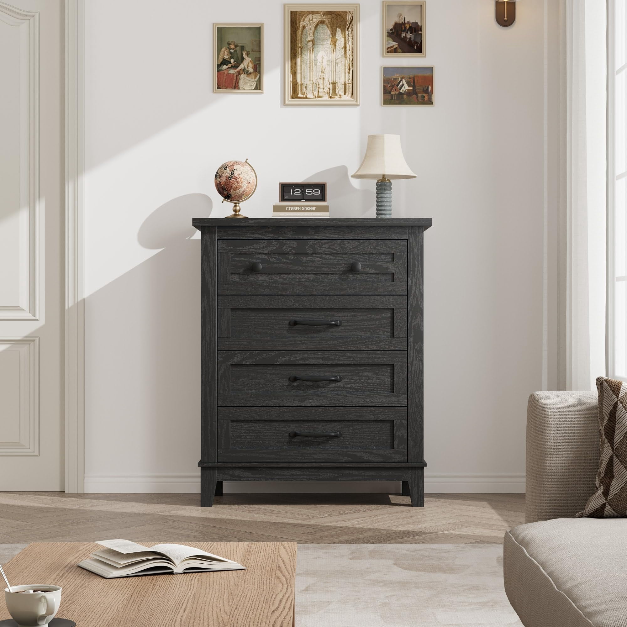 Dresser for Bedroom, 4-Drawer Chest of Drawers, Wooden Storage Dresser with Large Drawers for Living Room, Black