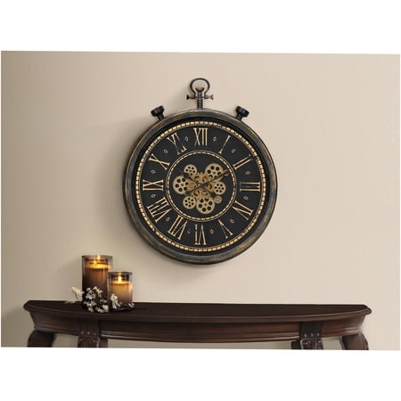 JERFIT 24 Vintage Industrial Wall Clock with Metal Gears, Roman Numerals, Silent Non-Ticking Quartz Movement, Brown Antique Finish for Home & Office Decor