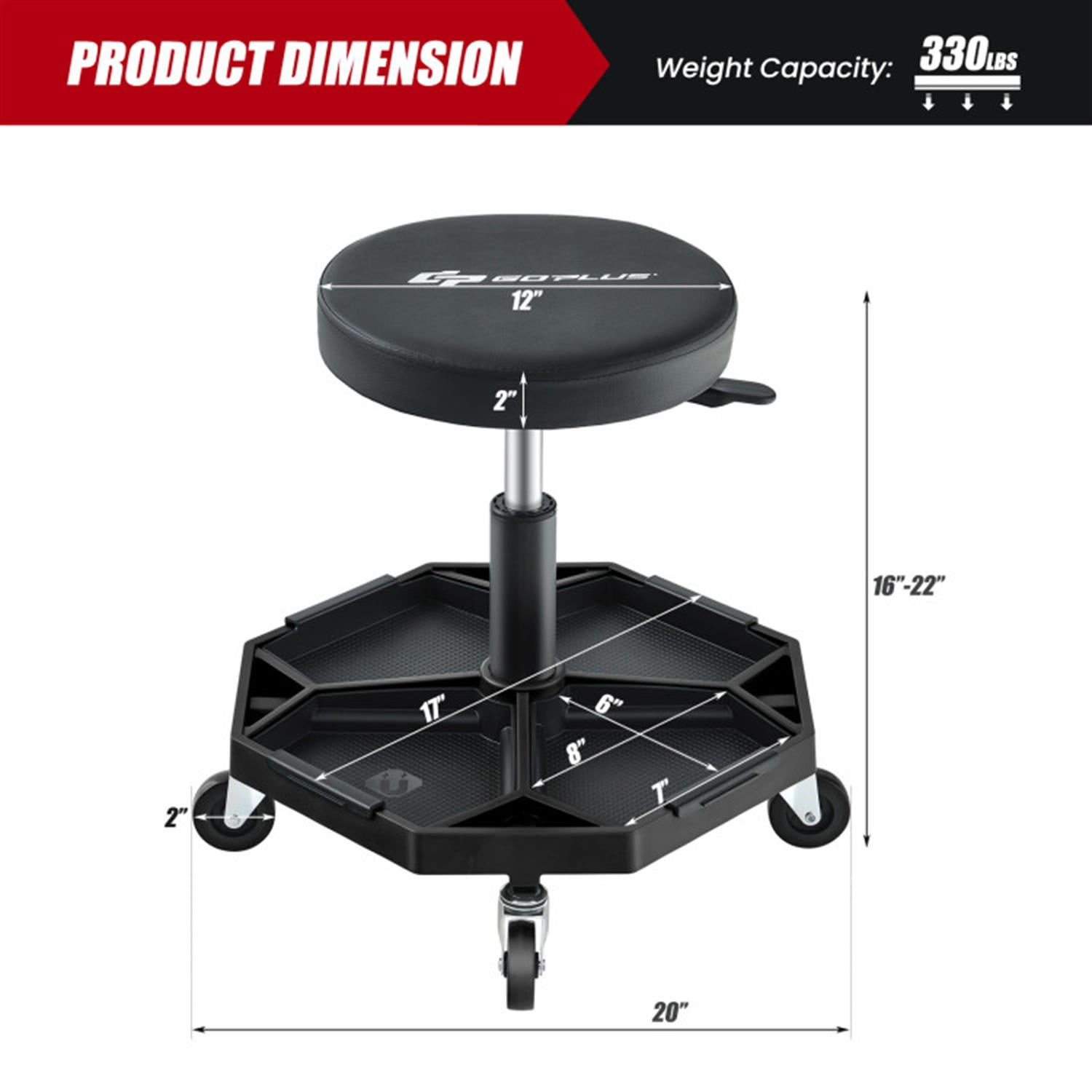 Demi Bonn 330S Capacity Pneumatic Rolling Mechanic Stool with Padded Seat, Mechanic Stool for Garage, Shop, Auto Repair, Black