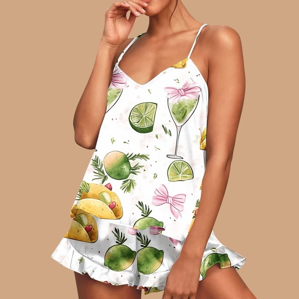 Conjunto de pijama de poliéster con tirantes finos y estampado de moda para mujer
