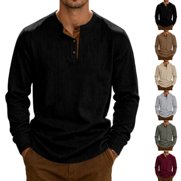 Oazcsf Corduroy Thermal Long Sleeve for Men Knit Warm Henley Button Pullover Sweater Lightweight Casual Knit Underwear Big and Tall Winter Tops