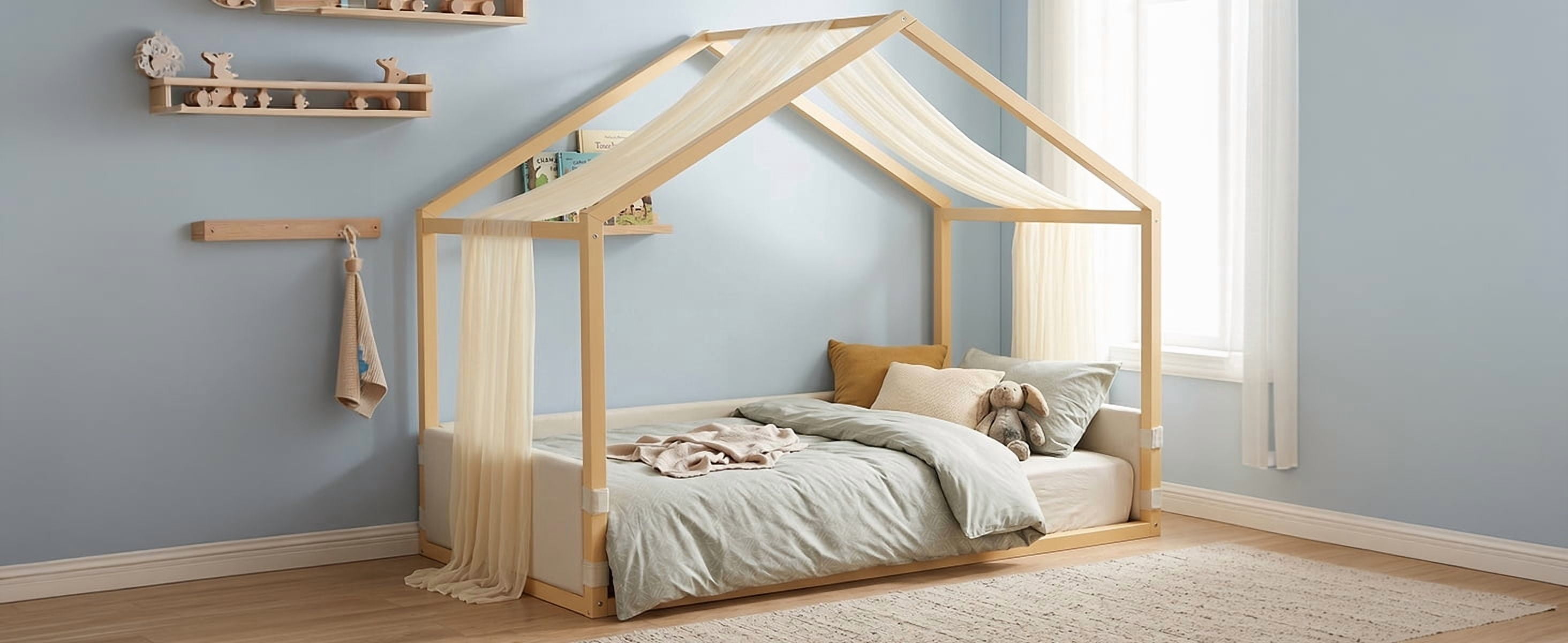Mintazer Twin Size Montessori House Floor Bed with Breathable Gauze Canopy & Velvet Upholstered Side Guard Panels, Low Platform Kids Playhouse Bed Frame for Bedroom Guest Room, Natural