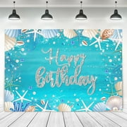 Ocean Birthday Backdrop Summer Underwater Sea Happy Birthday Banner Blue Starfish Seashell Mermaid Diamonds Pearl Fabric Polyester Photography Background Photo Shoot Decor Props