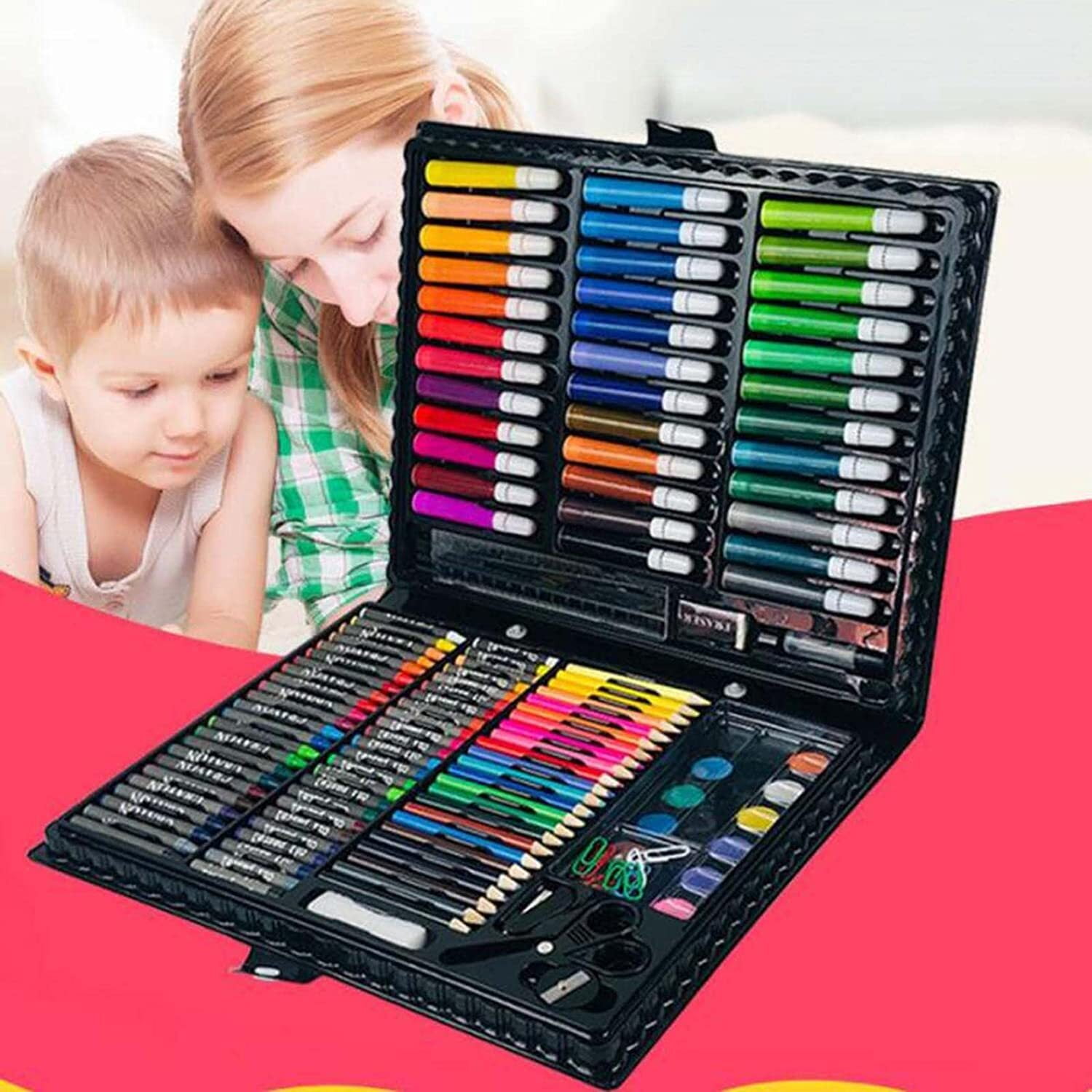 GoXteam 150-Pieces Deluxe Art Set for Kids, Drawing Art Supplies in a  Plastic Case, Great Gift for Kids Christmas New Year (Black)