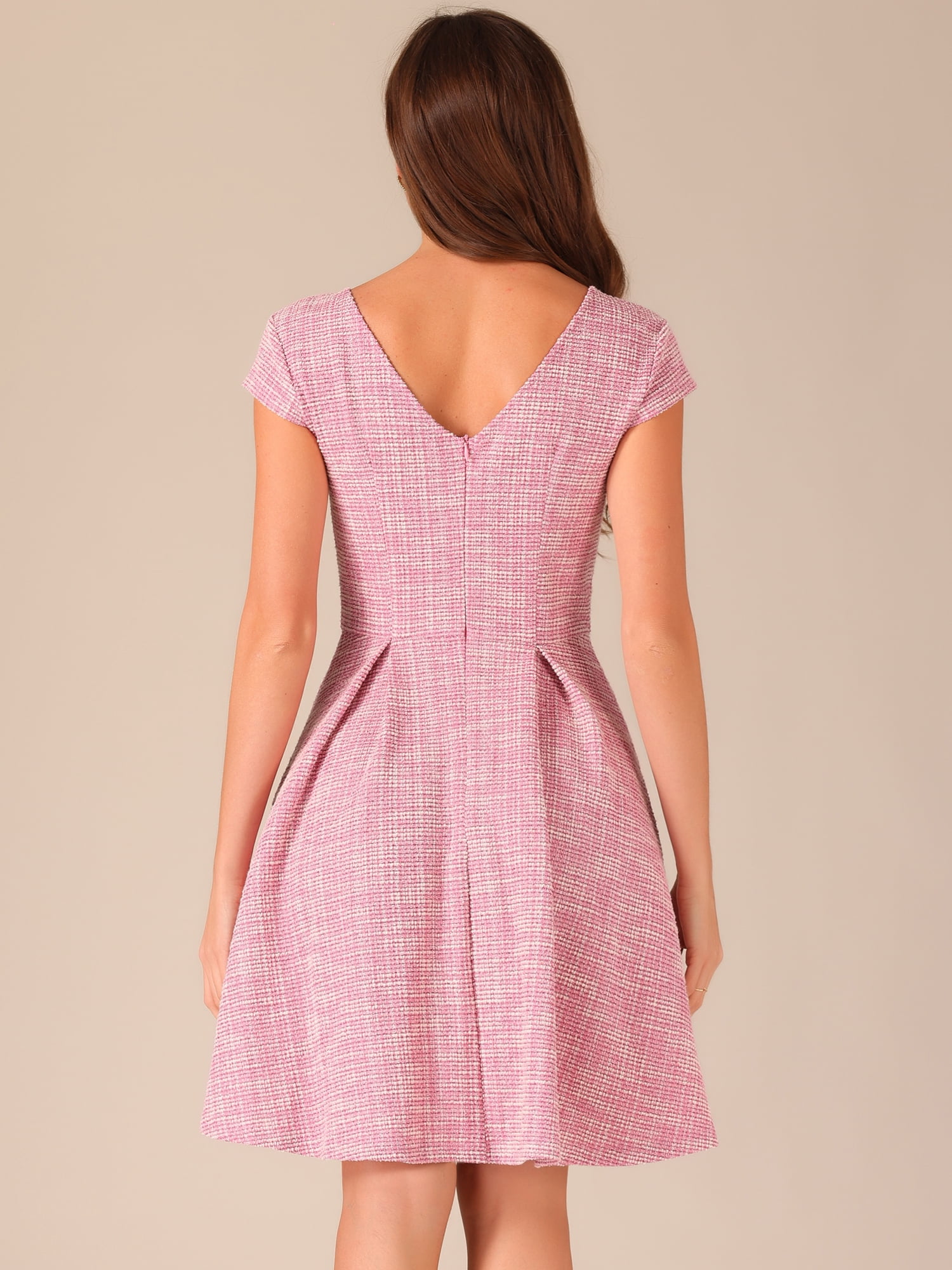 DARING DIVA Women's Tweed Cap Sleeve A Line Vintage Pleated Dresses M White Pink