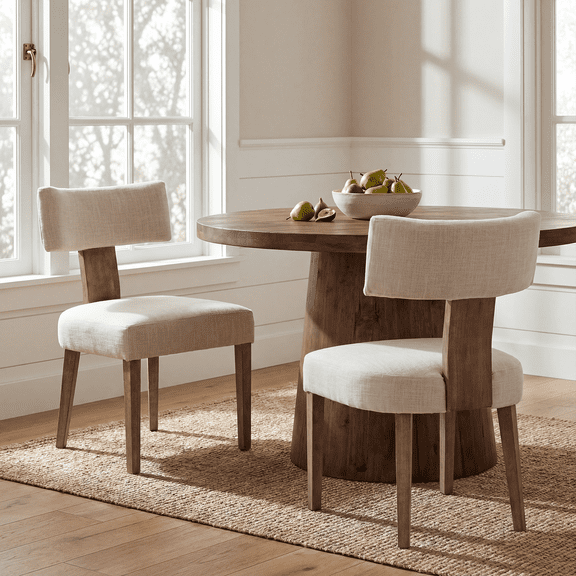 Guyou Dining Chairs Set of 2, Mid-Century Modern Linen Upholstered Kitchen Chairs with Curved Backrest, Wooden Side Chairs for Dining Kitchen Living Room Bedroom, Beige