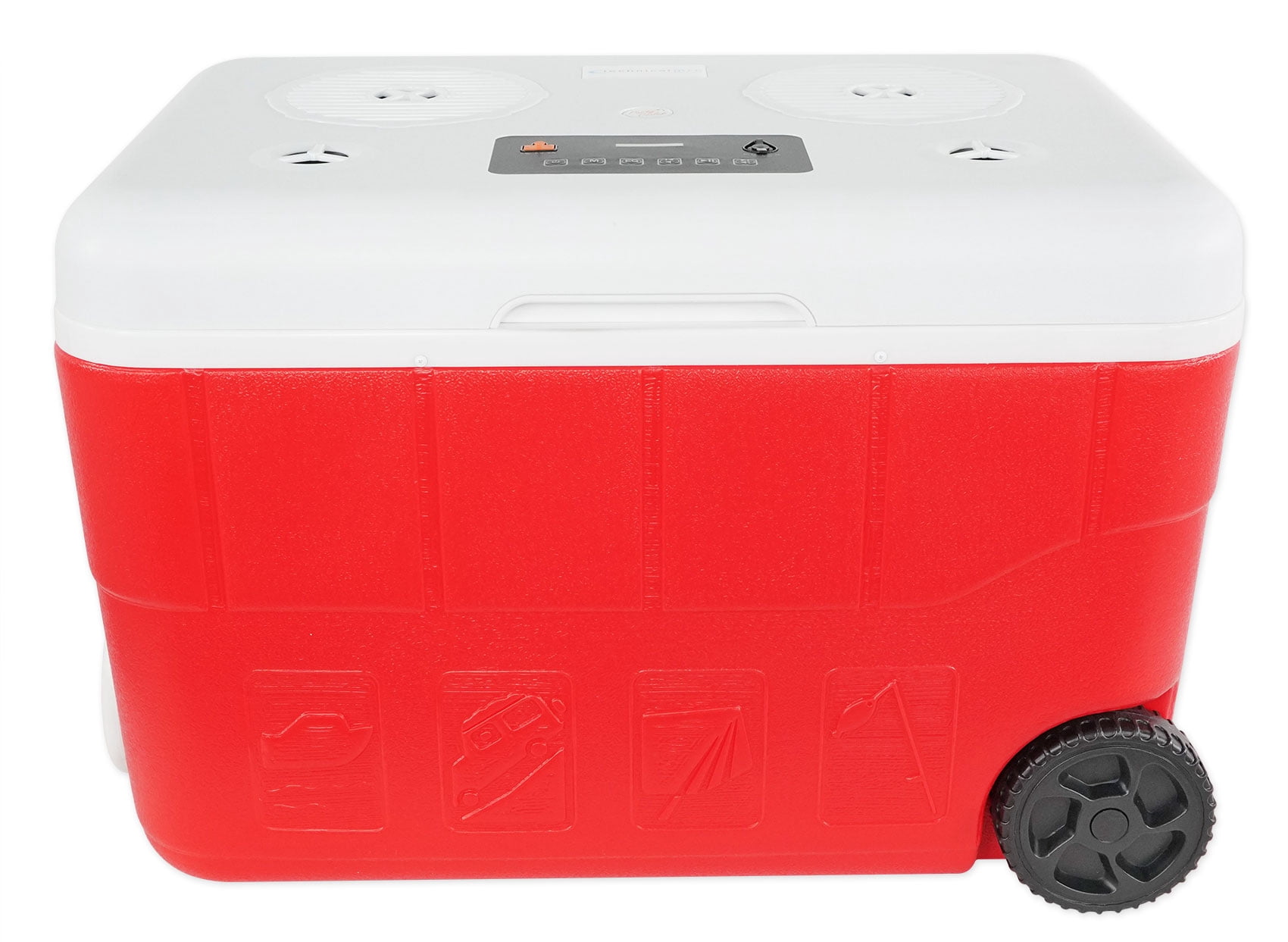 Rechargeable Red 55 Quarts Cooler with Waterproof Built-in Bluetooth Speaker and 12,000 maH Power B