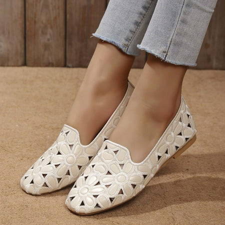 

Honeeladyy Sandals with skirt Hollow Women s Breathable Casual Flat Bottom Square Head Shallow Cut Single Shoe Embossed Shoes