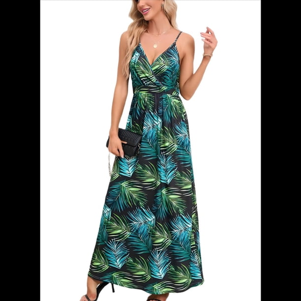 Vestido de Verano 2025 para Mujer, con Estampado Floral, Lazo Frontal, Tirantes Finos, Informal, Bohemio, , Suelto, Verde, Talla XXL