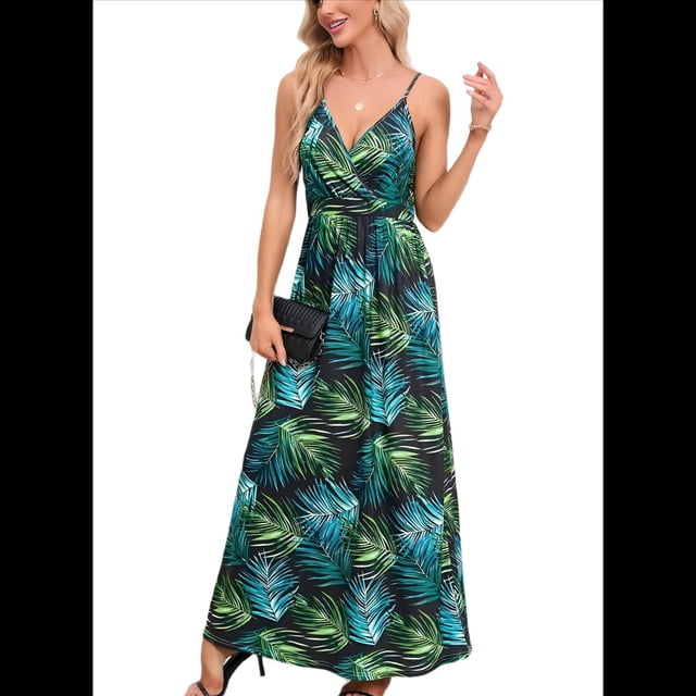 Vestido de Verano 2025 para Mujer, con Estampado Floral, Lazo Frontal, Tirantes Finos, Informal, Bohemio, , Suelto, Verde, Talla XXL