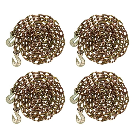 (4 Pack) 1/4" x 12' Transport Binder Chain Grade 70 with Grab Hook - 3150 LBS WLL Transport Binder Tow Chain with Hooks - Towing Equipment - Gold Chromate