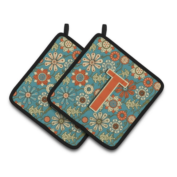 Carolines Treasures CJ2012-TPTHD Letter T Flowers Retro Blue Pair of Pot Holders, 7.5HX7.5W, multicolor