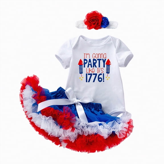 enyan Baby Girl Newborn Clothes Newborn Baby Girl 4th of July Outfits Short Sleeve Romper Tutu Tulle Skirt Headband Leg Warmer Independence Day Set,White,18-24 Months