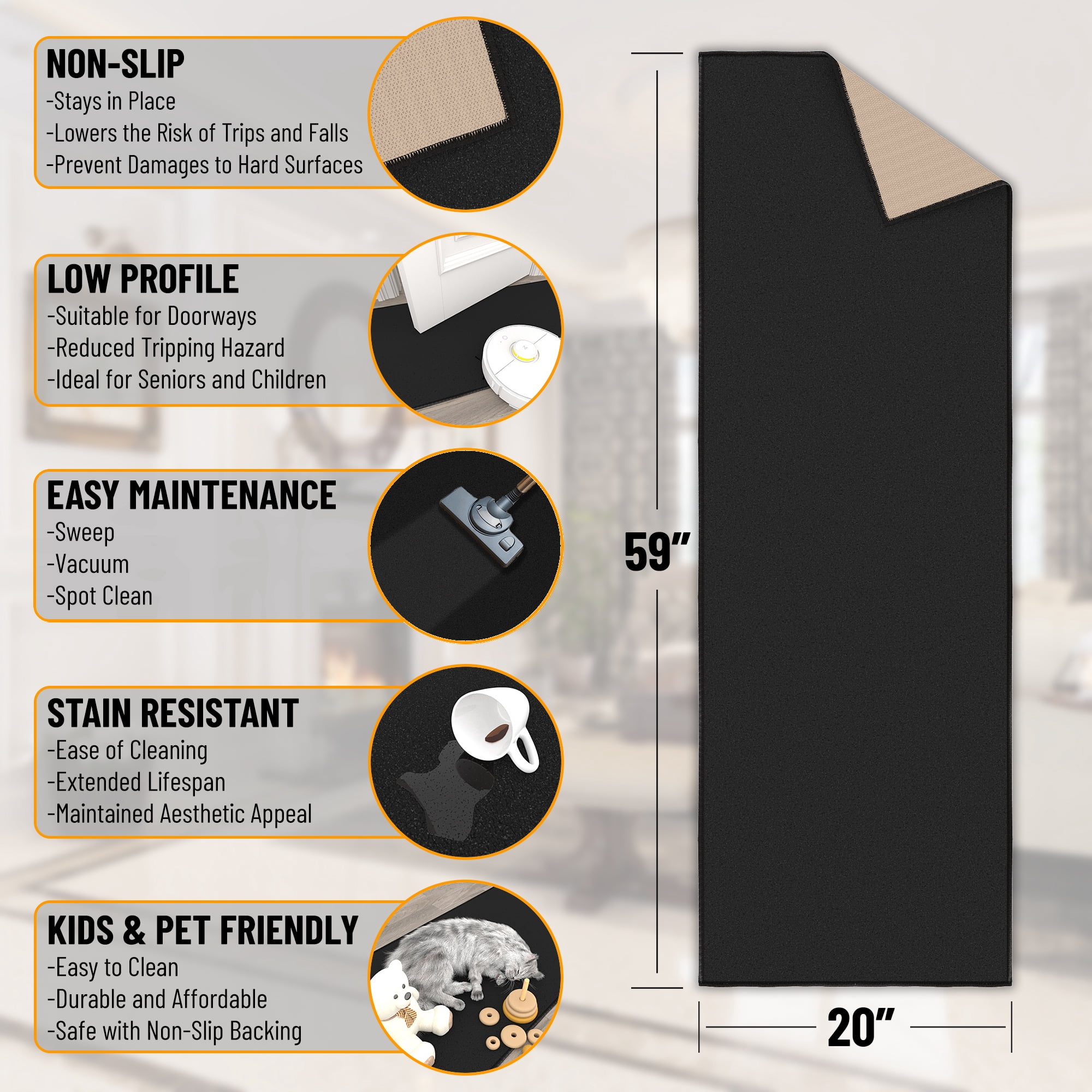 Sweet Home Stores Non-Slip Rubberback Solid 2x5 Runner Rug, 20" x 59", Black
