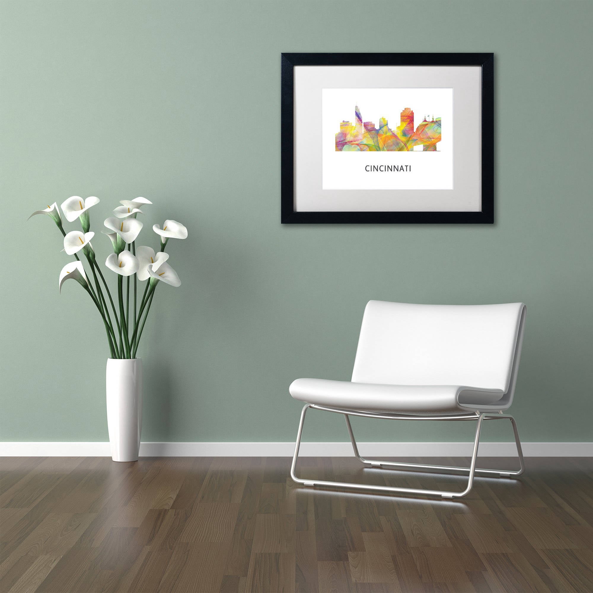 Trademark Fine Art 'Cincinnati Ohio Skyline WB-1' Canvas Art by Marlene Watson, White Matte, Black Frame